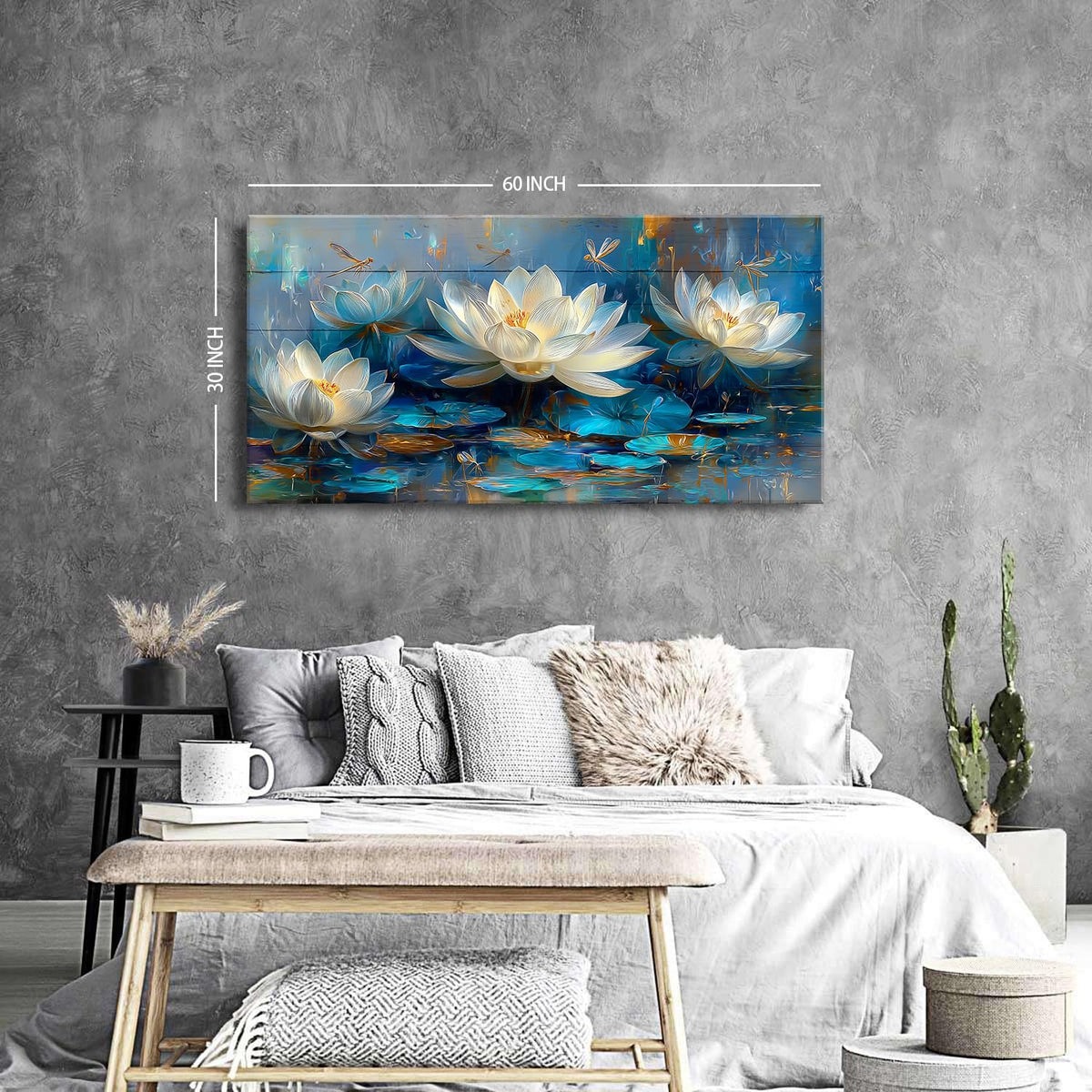 Abstract Flower Wall Art Navy Blue and White Lotus Flowers Wall Decor Zen Canvas Picture Colorful Floral Dragonfly Poster Print Country Bouquet Painting Artwork for Yoga Living Room Decorations 30x60 (57.8"L x 30"W / Lotus Flower)