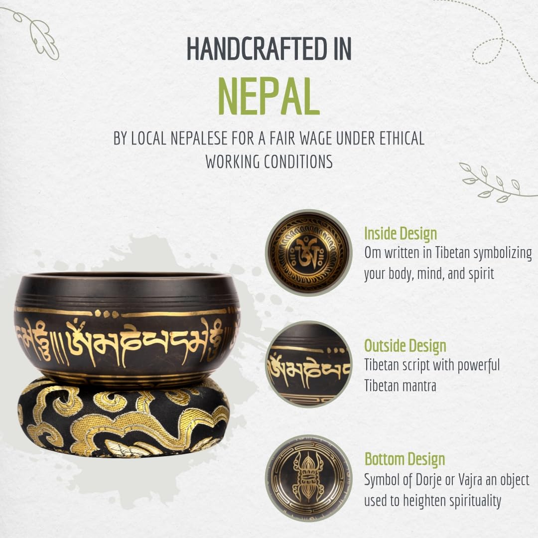 4" Tibetan Singing Bowl Set with 7 Chakra Stones & Bracelet (Black Set with Case + Chakra Stones + Bracelet)
