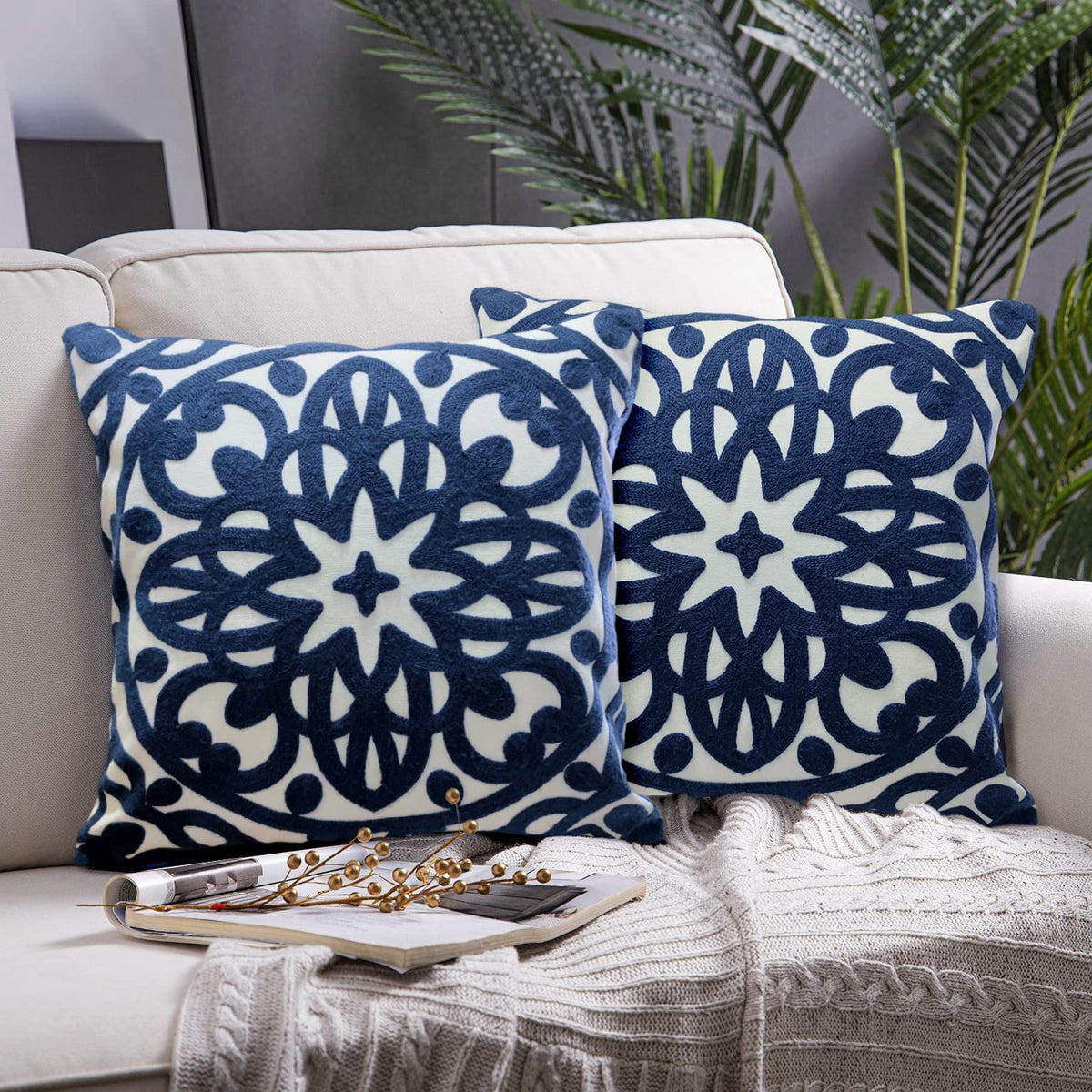 Boho Embroidered Throw Pillow Cover 18"x18" Set of 2 (Navy / 18" x 18" (Pack of 2))