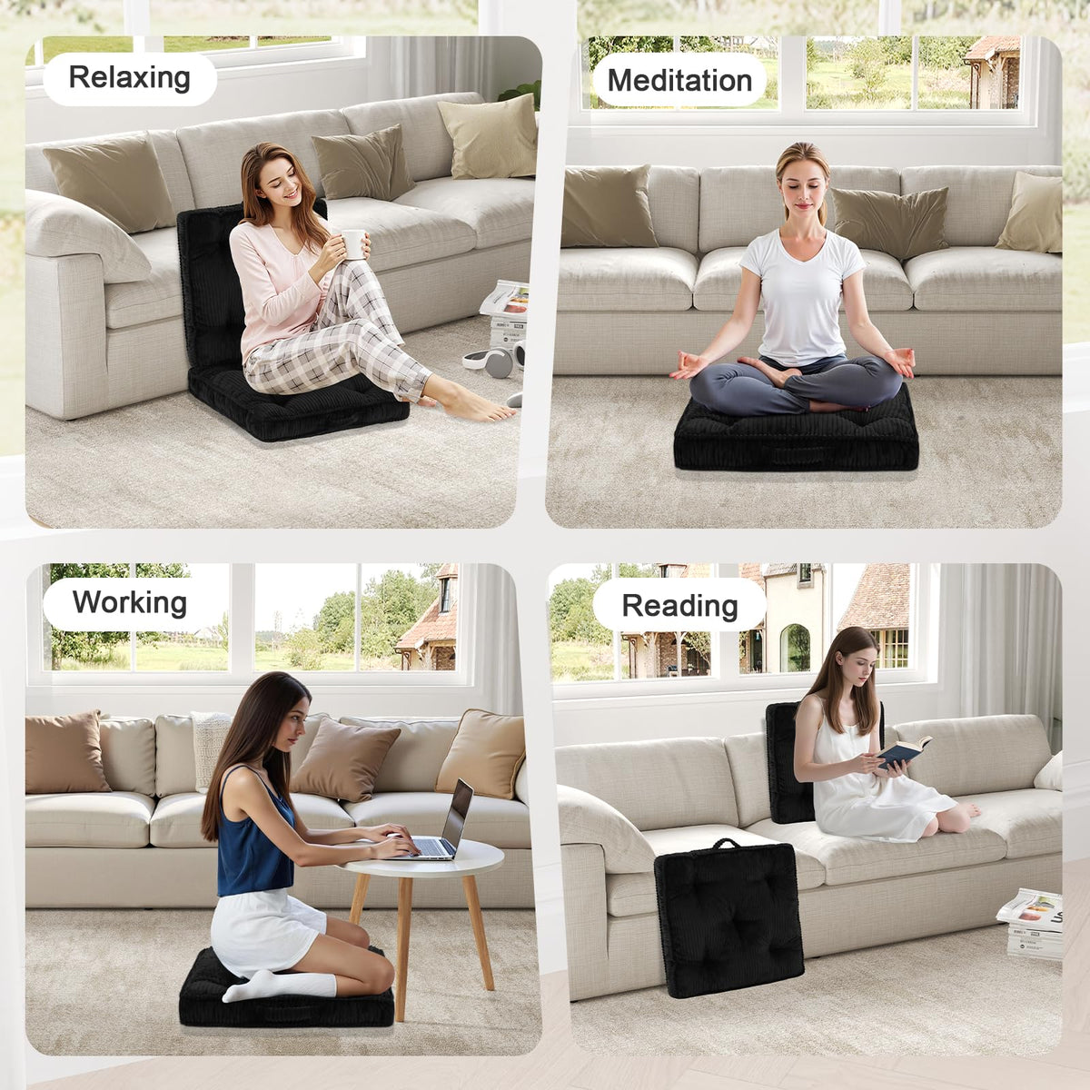 Floor Pillow Set of 2 (Black / 22x22x4 inch)