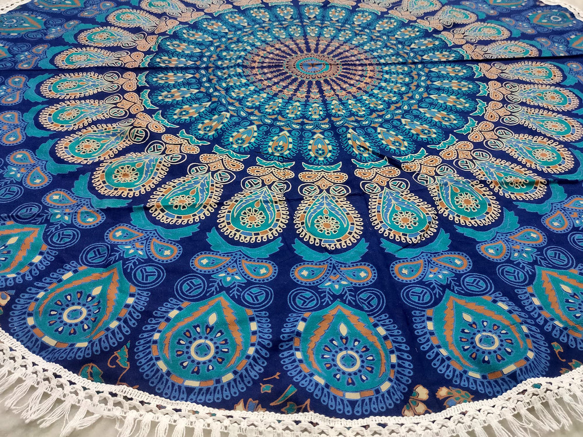 Round Beach Tapestry Turquoise Mandala Throw (5'10" (Round) / Blue)