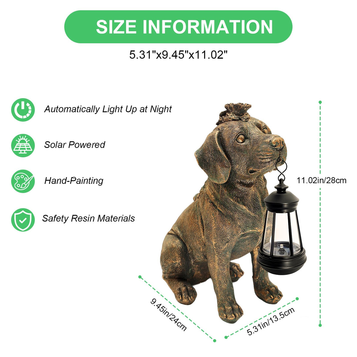 Garden Statue Dog Figurine Decor with Solar Lights 11in Outdoor Decoration (Bronze - Dog with Lantern)