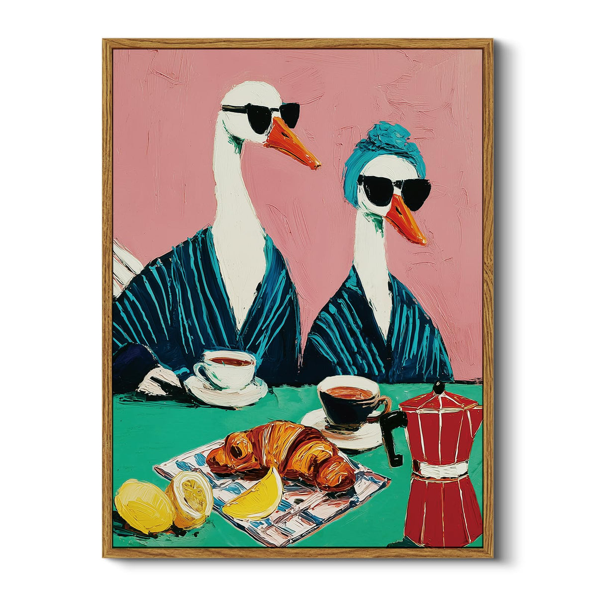 Funny Animal Wall Art Framed Canvas Print 12''x16'' (Croissant Breakfast / 16"L x 12"W)