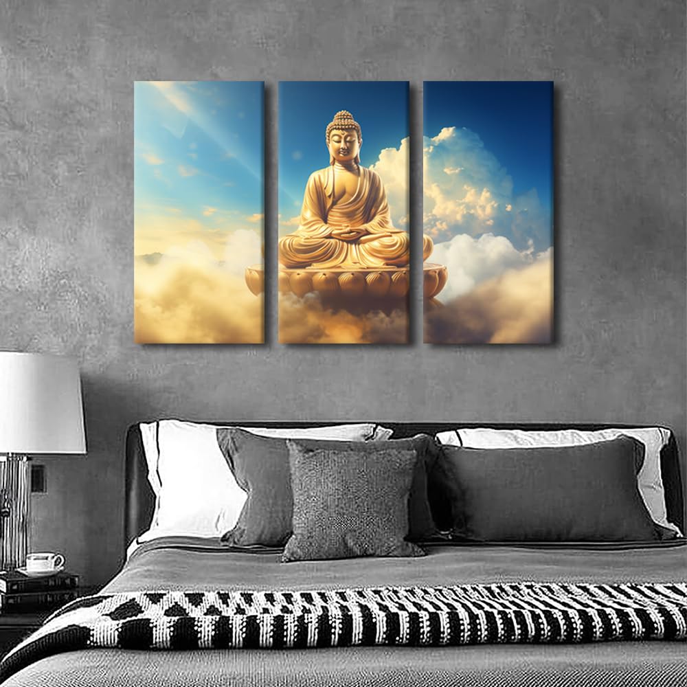 wall art decor for home modern 3 panel canvas poster Buddha statue the sky picture prints on canvas Buddhist believers living room home wall decor stretched and framed ready to hang 36x24 in (36x24 in / 3PANEL-17)
