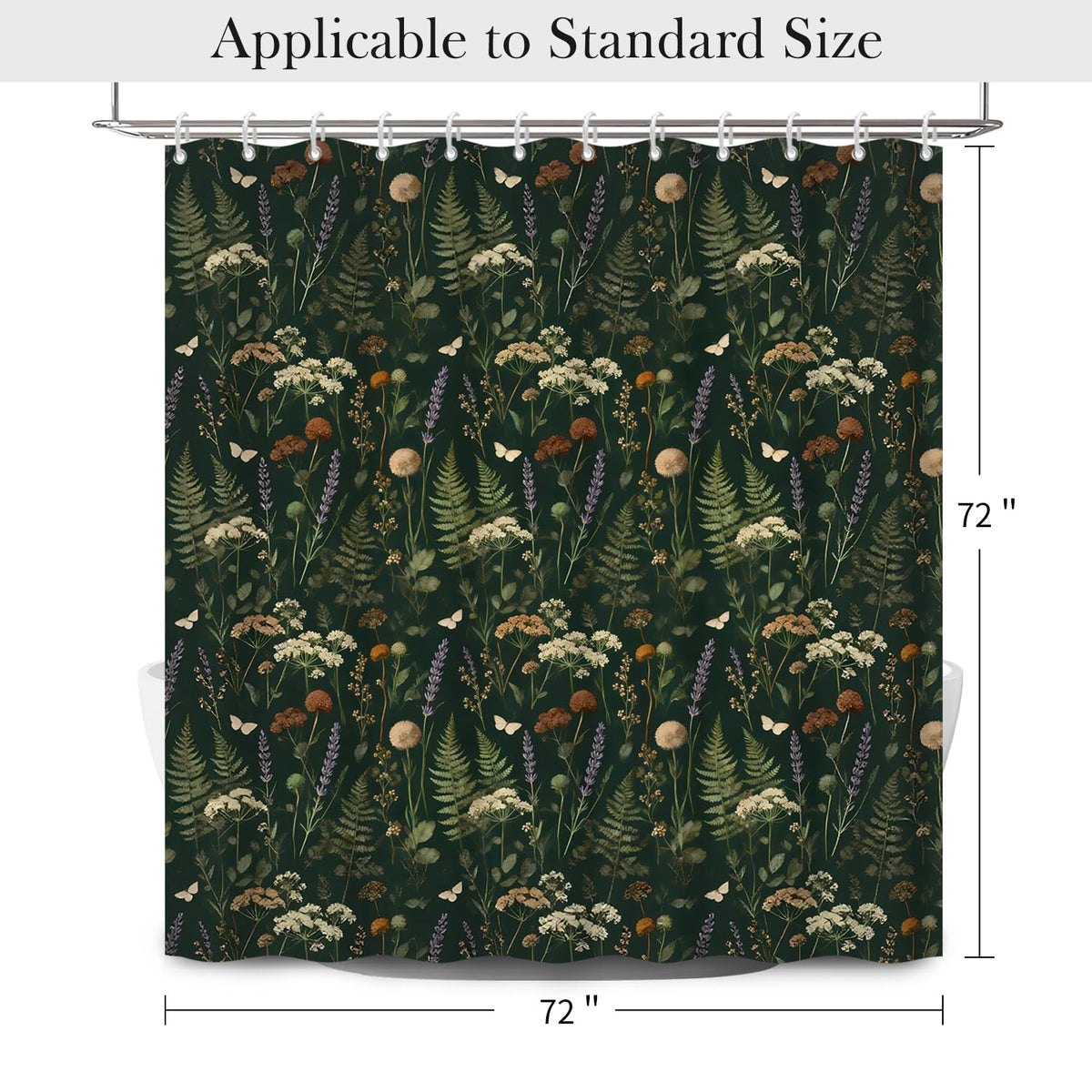 Dark Green Botanical Shower Curtain with Hooks (Dark Green Floral / 72"W x 72"L (Pack of 1))