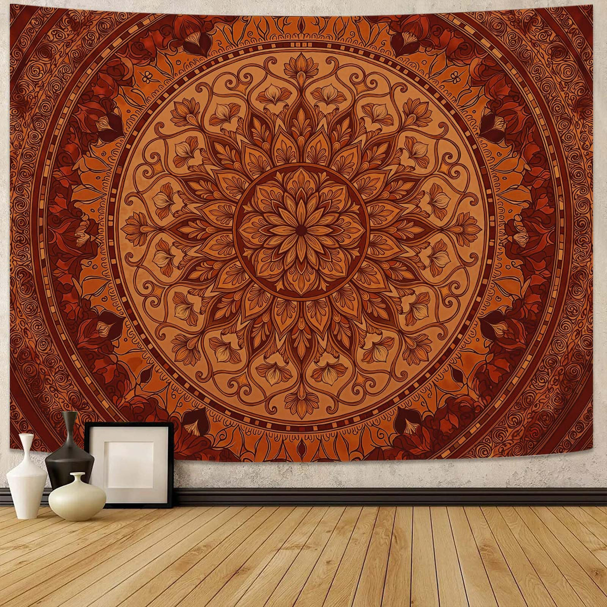 Tapestry Mandala Ornate Circular Pattern Tapestries Bohemian Orange Floral Tapestries Warm Earth Tone Wall Tapestry Bedroom Dormitory Living Room Decoration 60"x44" (60"L x 44"W / Tan)