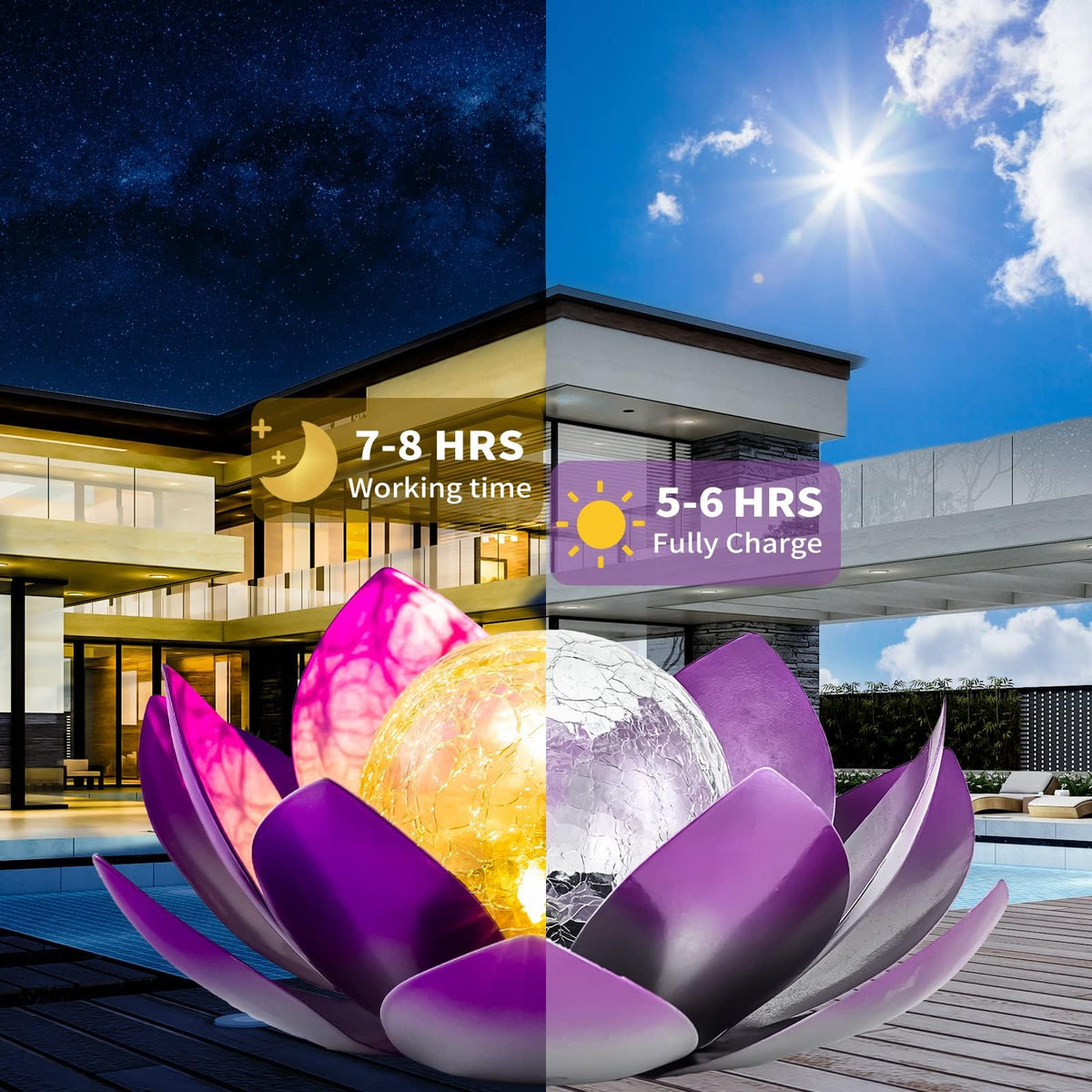 Solar Light Outdoor Decor Art Crackle Globe Glass Lotus Decoration (Purple)