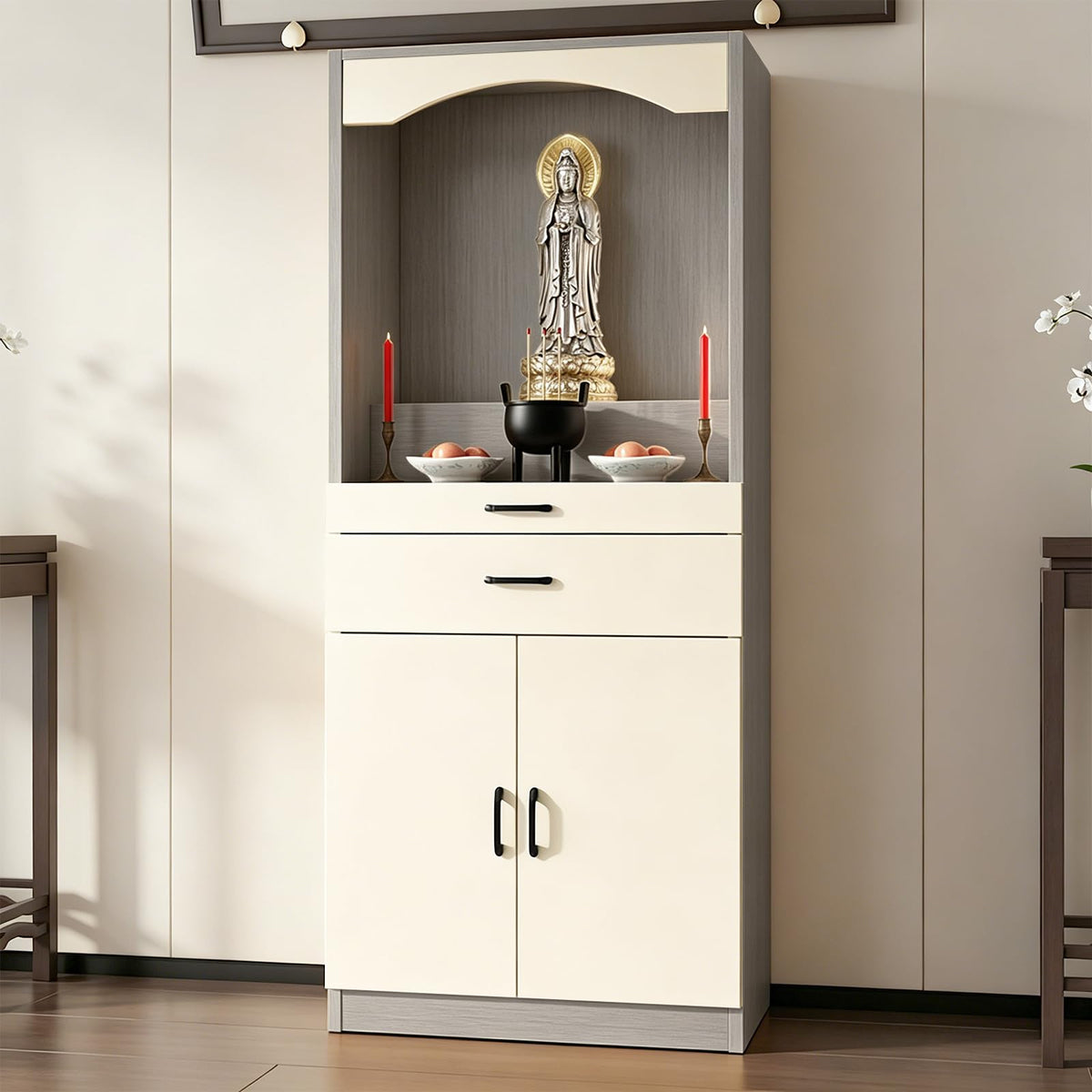 Solid Wood Altar Table (Beige + Light Gray Wood / 55.1" x 15.7" x 65.4")