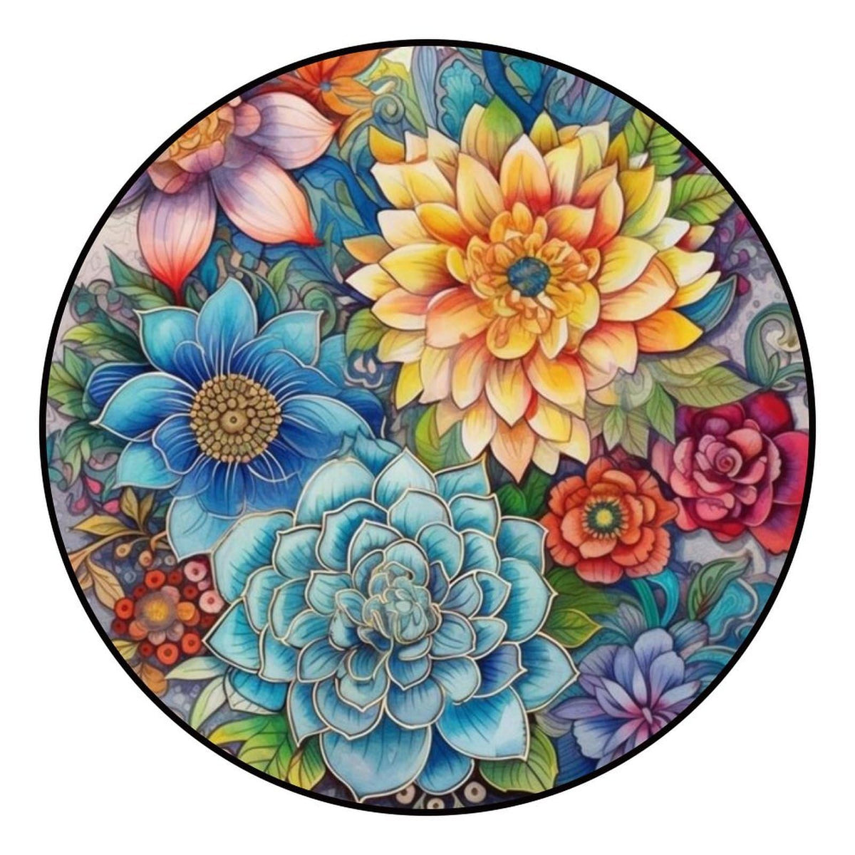Round Area Rugs 2 FT Washable Non Slip Circle Rug (Blue Flowers / 2' (Round))