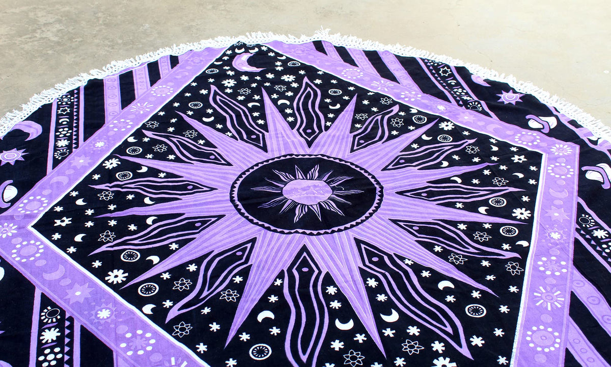 Round Beach Tapestry Turquoise Mandala Throw (5'10" (Round) / Purple)