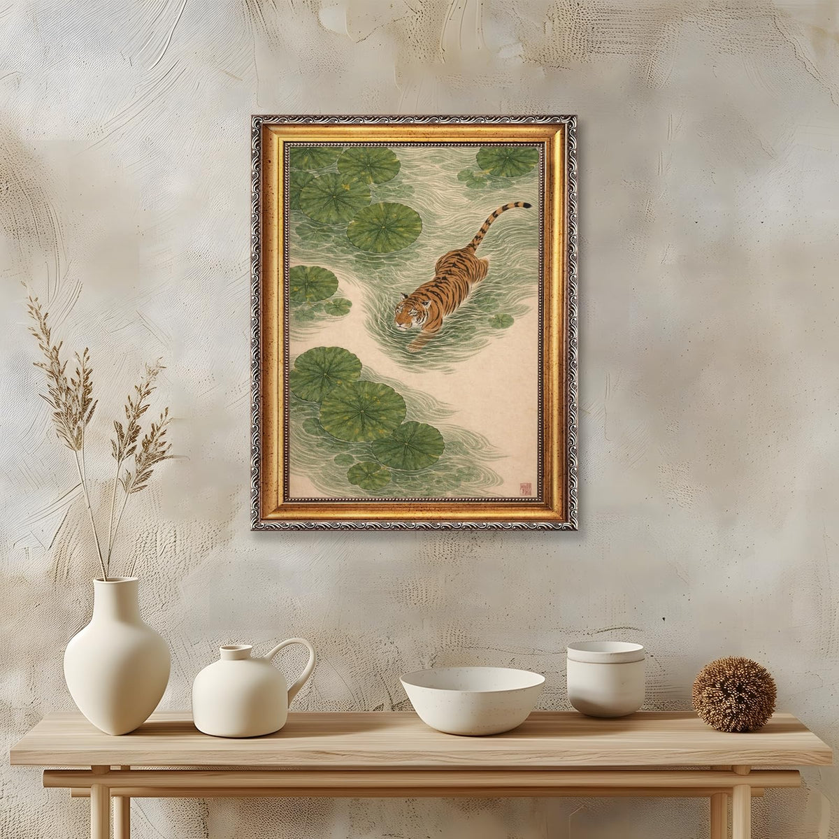 Japanese Tiger Wall Art Prints Vintage Asian Pond Painting Zen Nature Animals Posters Tiger in Lotus Pond Artwork Oriental Animal Nature Wall Decor for Living Room Bedroom 16x24inch Golden frame (style-5 Golden frame / 16"L x 24"W)