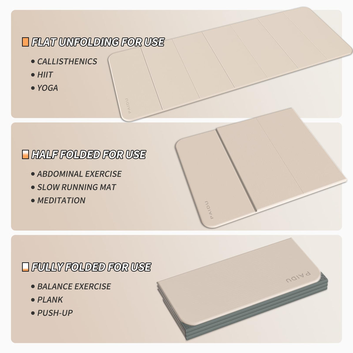 Foldable Yoga Mat 10MM Thick SGS Certified TPE 75x26" Portable (Beige+Dark Gray)