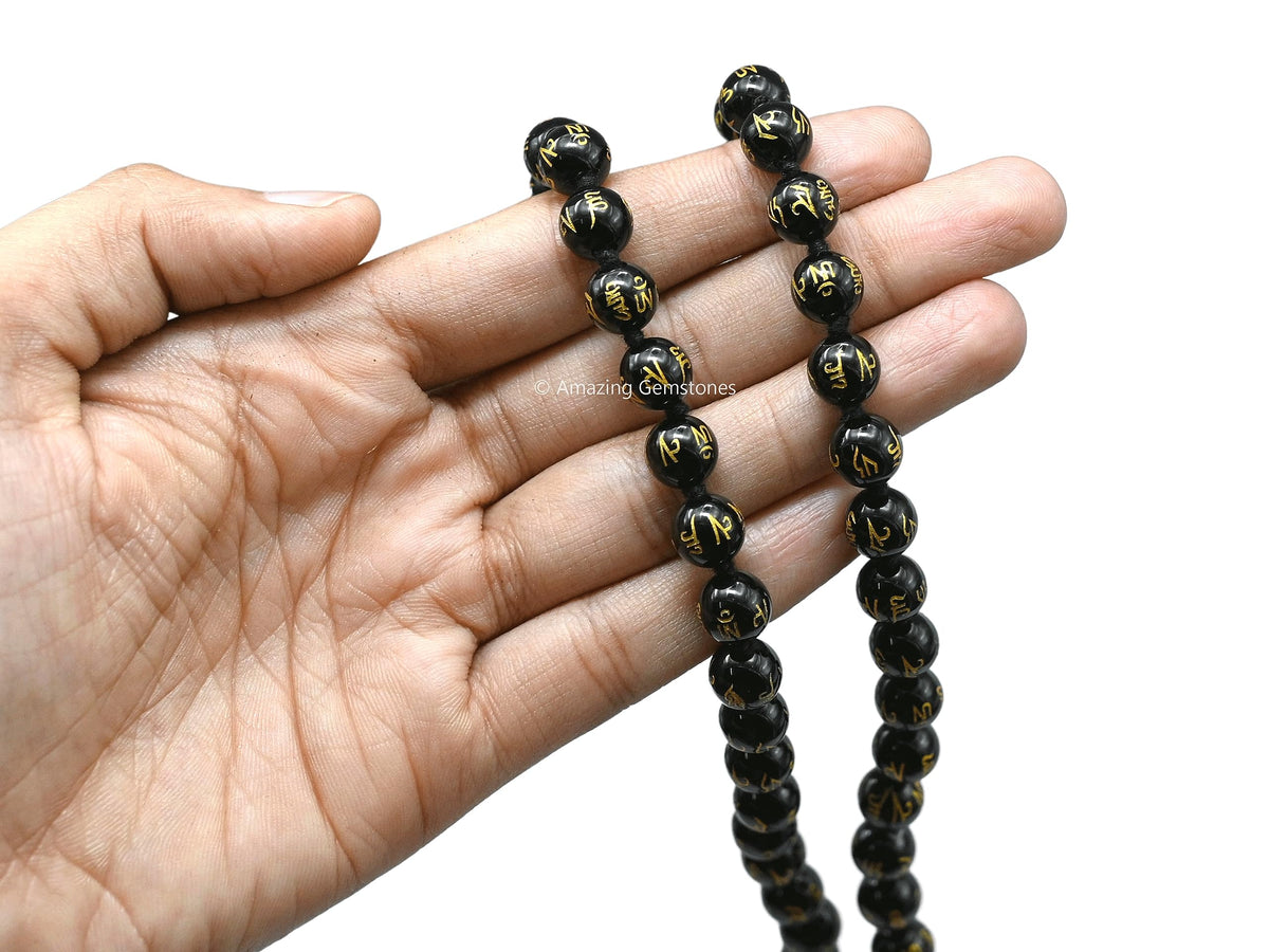 Black Agate Om Mani Padme Hum Mala Beads (Om Mani Padme Hum (Black Agate) / Knotted)