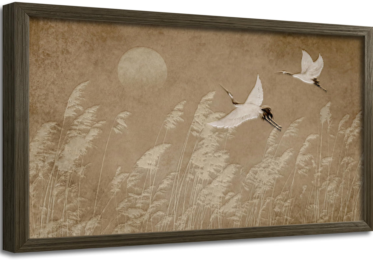 Japandi Flying White Cranes Framed Wall Art Japanese Zen Painting (Crane / 24"L x 12"W)