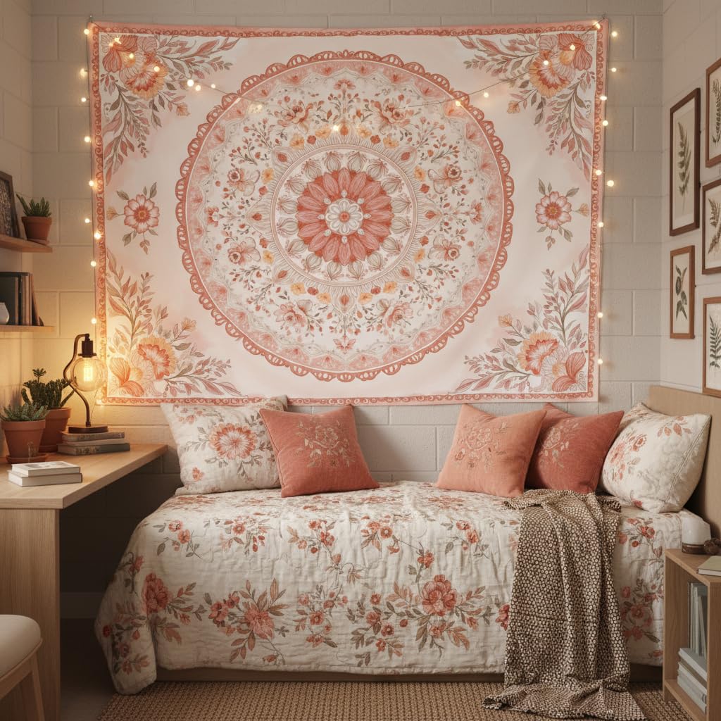 Pink Mandala Tapestry Wall Hanging Boho Floral Tapestry Aesthetic Watercolor Flower Medallion Cute Small Tapestries for Bedroom Living Room Dorm Decor 60 x 44 Inch (Bohemian / Peach Pink / 60"L x 44"W)