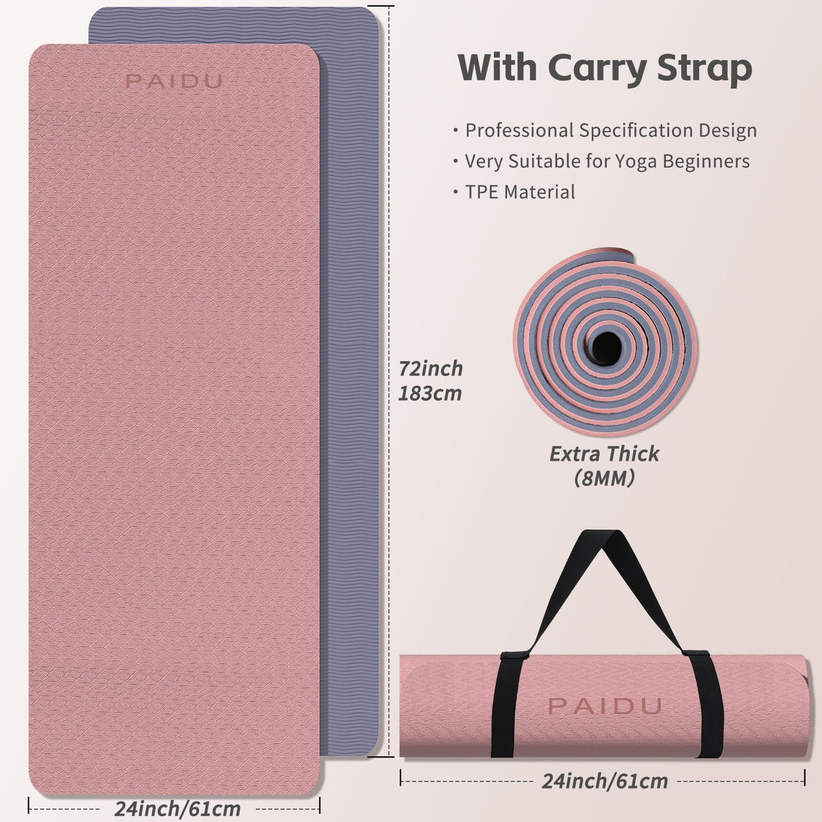 TPE Yoga Mat 8mm Thick Non (Deep Pink&Grey)