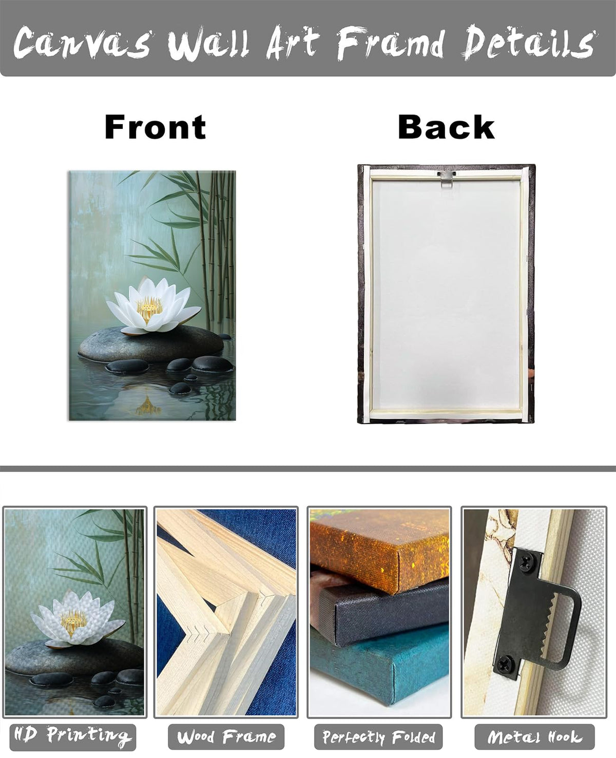 Lotus Zen Wall Art Spa Stones and White Floral Picture Green Plant Paintings Meditation Canvas Prints Living Room Bathroom Home Office Decor Framed (Zen-5 / 18"L x 12"W)