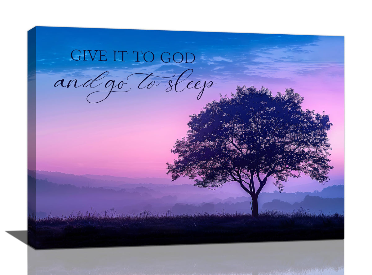 Bedroom Wall Art Give it to God and Go to Sleep Sign Wall Decor Christian Canvas Prints Painting Purple Tree Bathroom Pictures Framed Artwork Gifts Home Decorations 24"x16" (24"L x 16"W / Purple Tree)