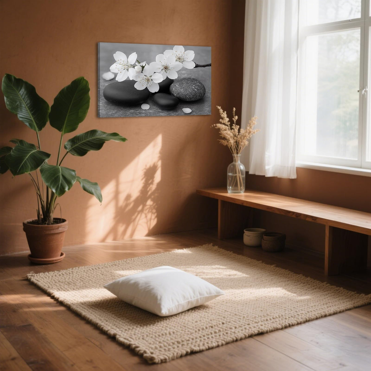 Zen Stones Canvas Wall Art Black and White Spiritual Painting Framed Artwork Poster for Yoga Meditation Room Spa Bathroom Decor (WE000050-2 / 24"L x 16"W)