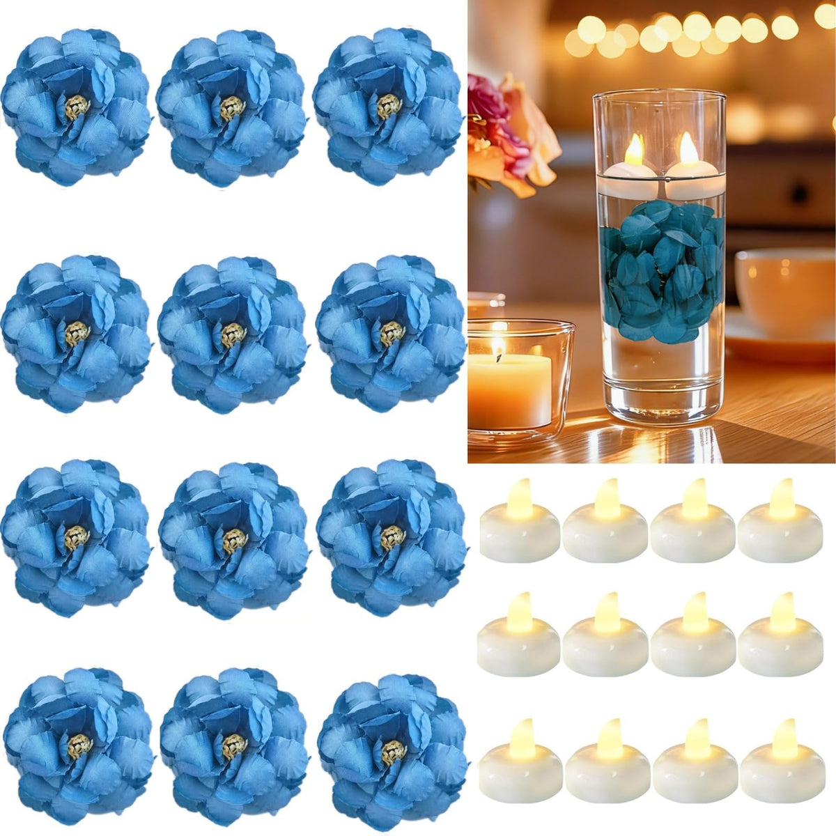 24 Pack Flameless Floating Candles for Centerpieces with Floating Flower (Darkblue)