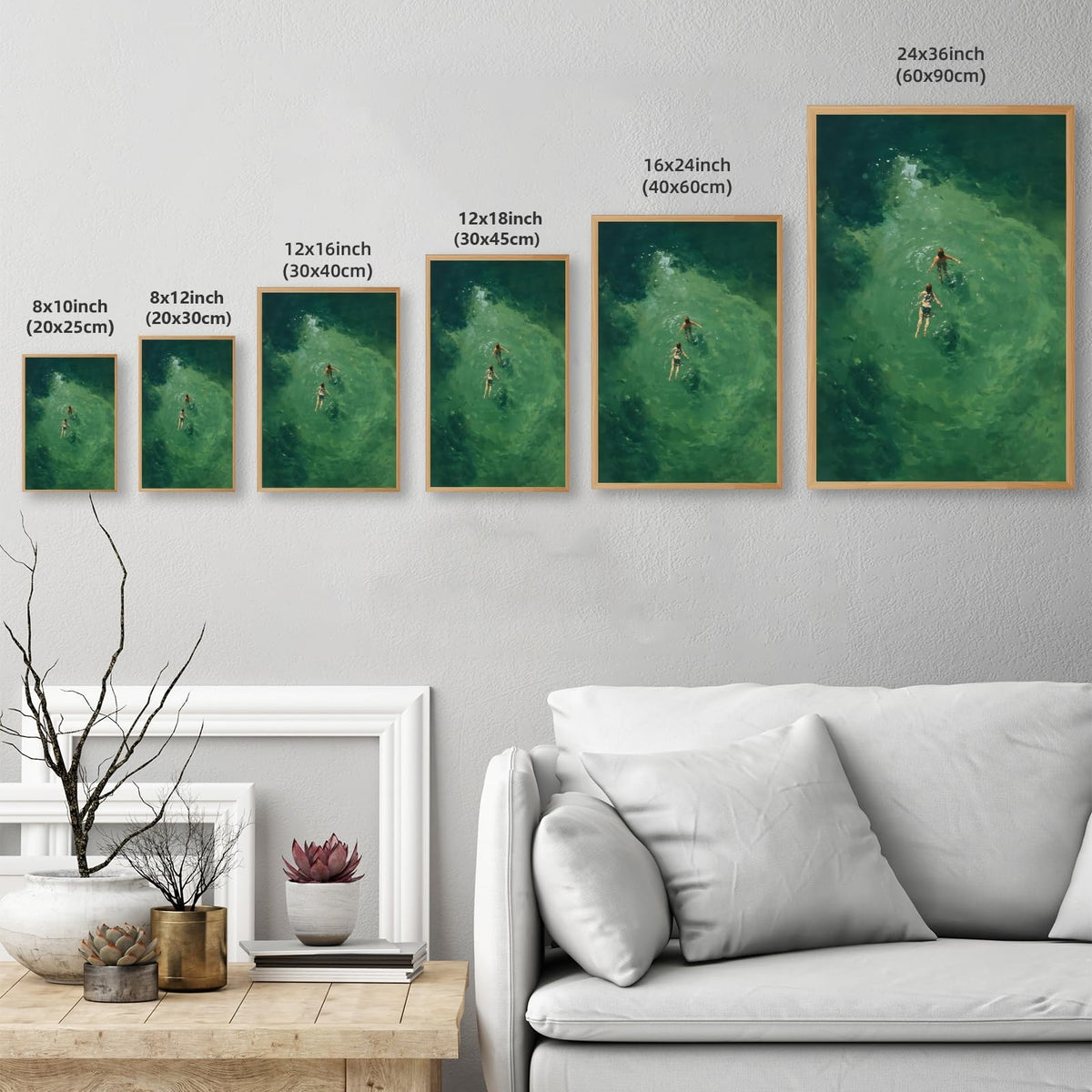 Framed Swimmers Wall Art Swimming in Green Abstract Canvas Poster Aerial View Summer Ocean Painting Print Minimalist Relaxing Coastal Artwork for Bedroom Beach House Decor 8x12inch (8"L x 12"W / Swim - Wood Frame)