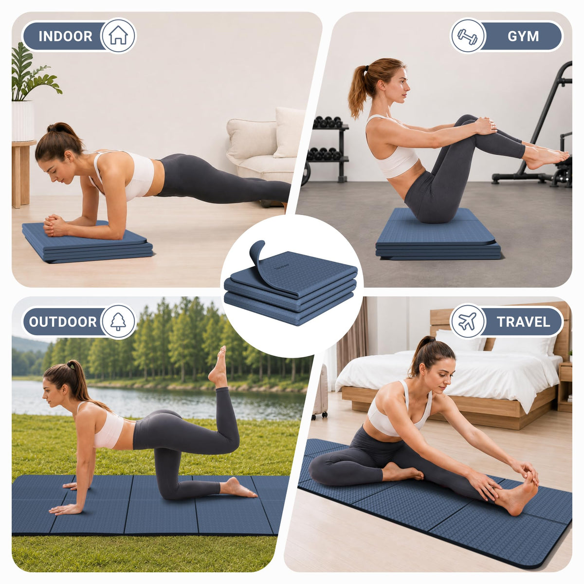 Foldable Yoga Mat for Travel Folding Yoga Mat 6mm Thick with Carrying Bag (Blue)