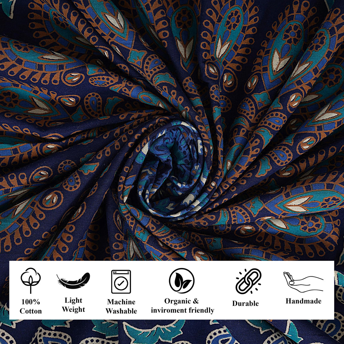Handmade Cotton Peacock Mandala Tapestry (40"L x 30"W / Navy Blue)