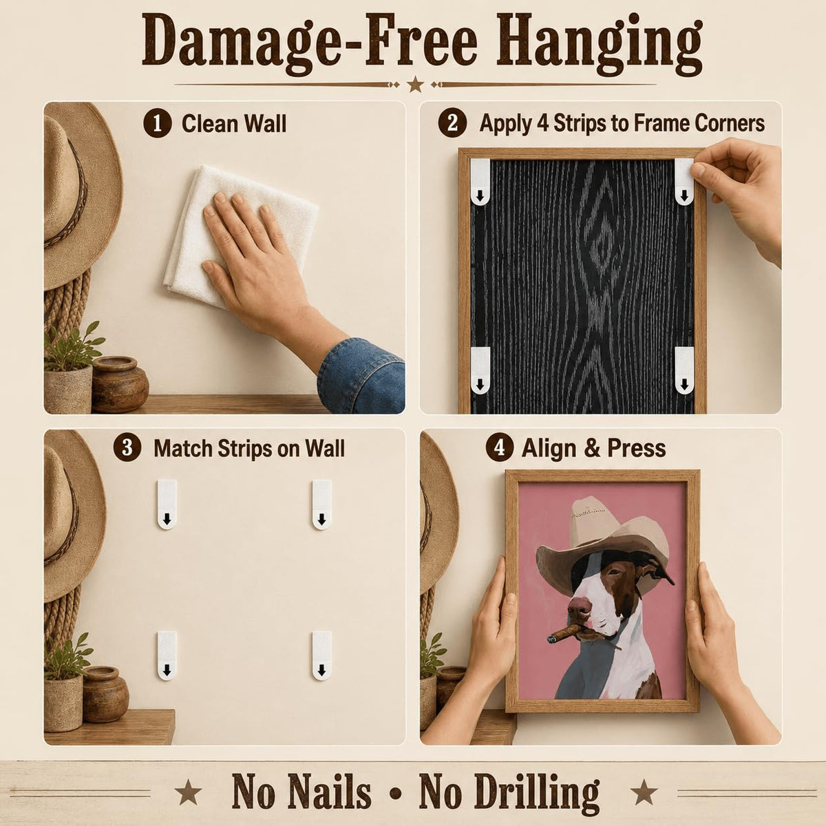 Wood Framed Cowboy Dog Smoking Wall Art Vintage Western Animal Decor (Smoking dog / 10"L x 8"W)
