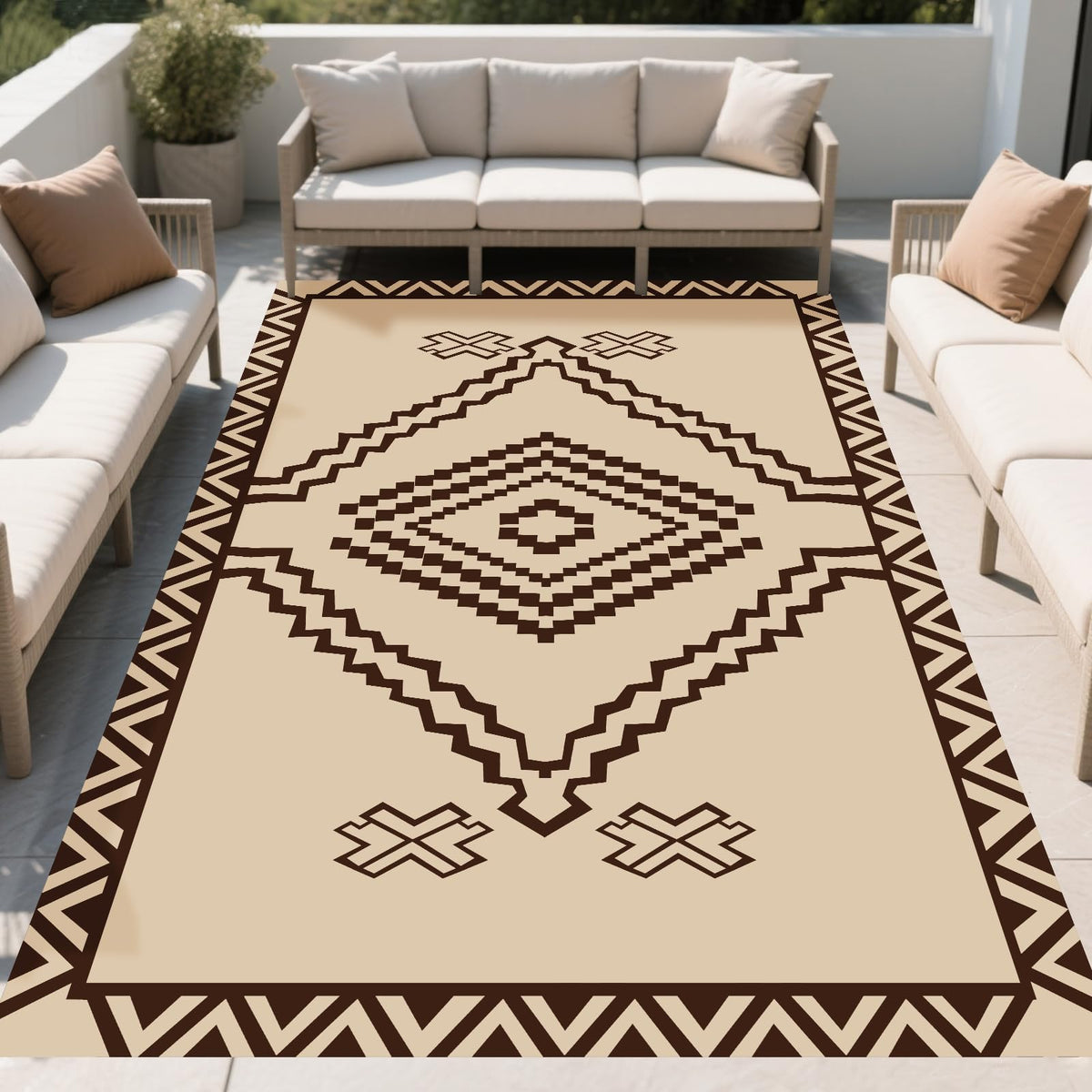 Beige Brown Geometric Rug 6x9 FT Defines Space Mat for Patio Deck Camping (Del Diamond / 6x9 Feet)
