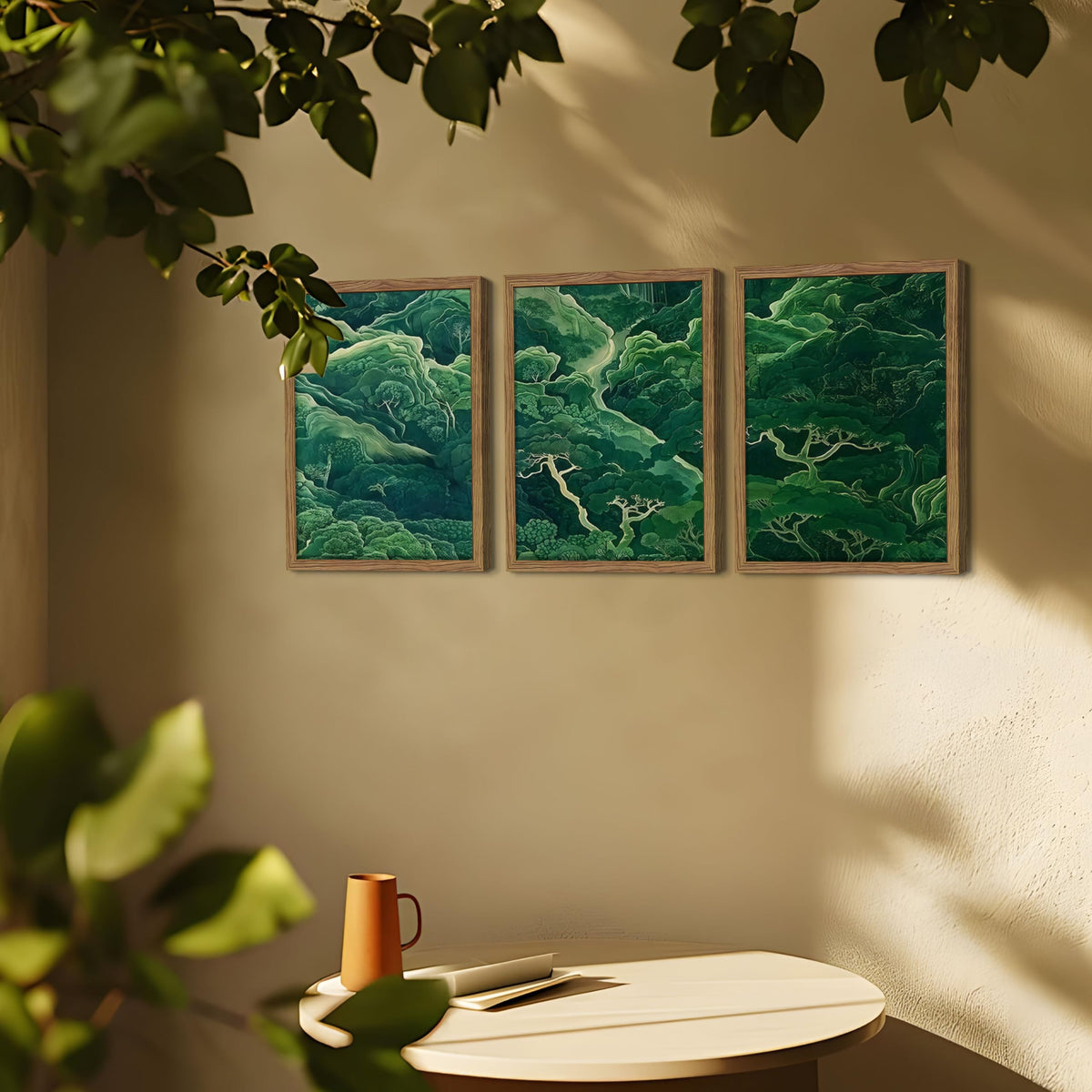 Japanese Nature Forest Wall Art Set of 3 (Green Book Mountain / 24"L x 16"W)