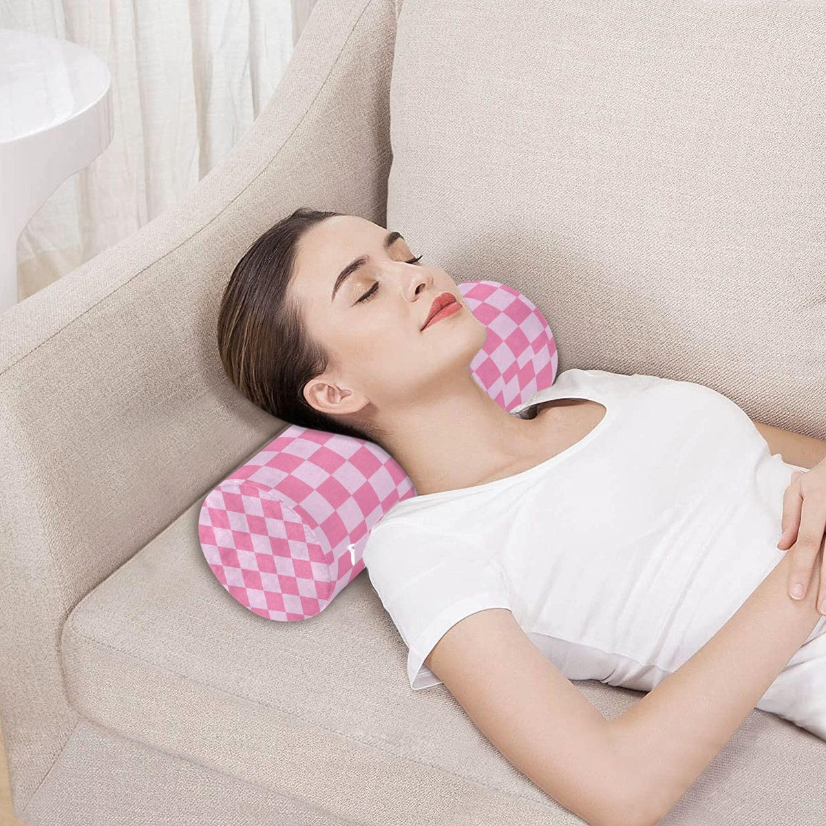 Checkered Pink Neck Roll Pillow Bolster Round Health Memory Foam Long Cervical Cylinder Pillows with Removable Washable Cover for Body Bed Legs Back Yoga (Checkered Pink)