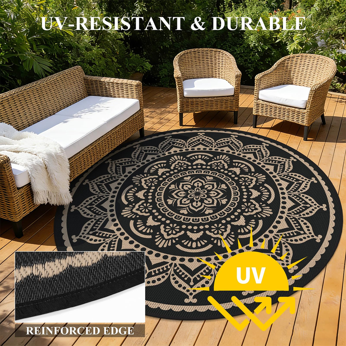 Waterproof Outdoor Rug (Flower Black Gold / 6' (Round))