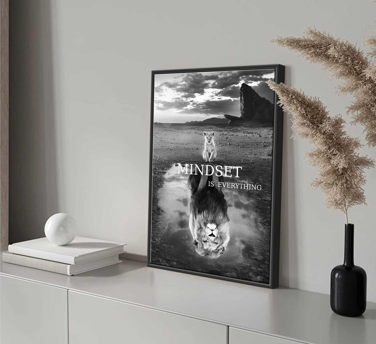 Framed Inspirational Lion Canvas Wall Art Mindset is Everything Black and White Picture Motivational Poster Print for Office Bedroom Classroom Man Cave Home Decoration (Framed Lion / 10"L x 8"W)