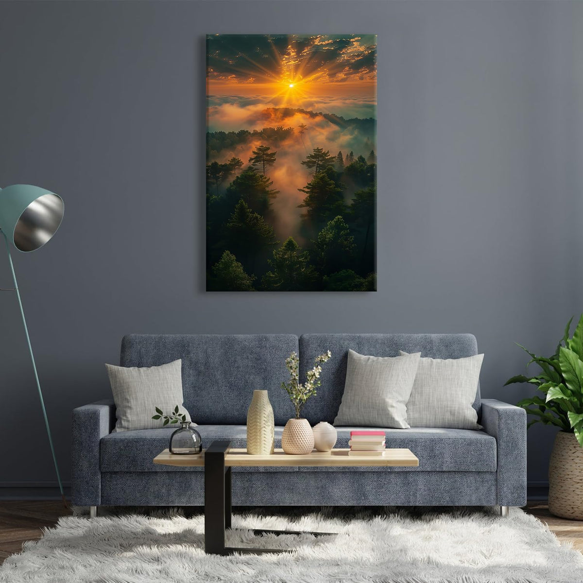 Nature Sunset Landscape Canvas Wall Art for Bedroom Misty Forest Mountain Wall Decor Vintage Fall Pictures for Kitchen Decorations 32x48" (32"L x 48"W / Fall06)