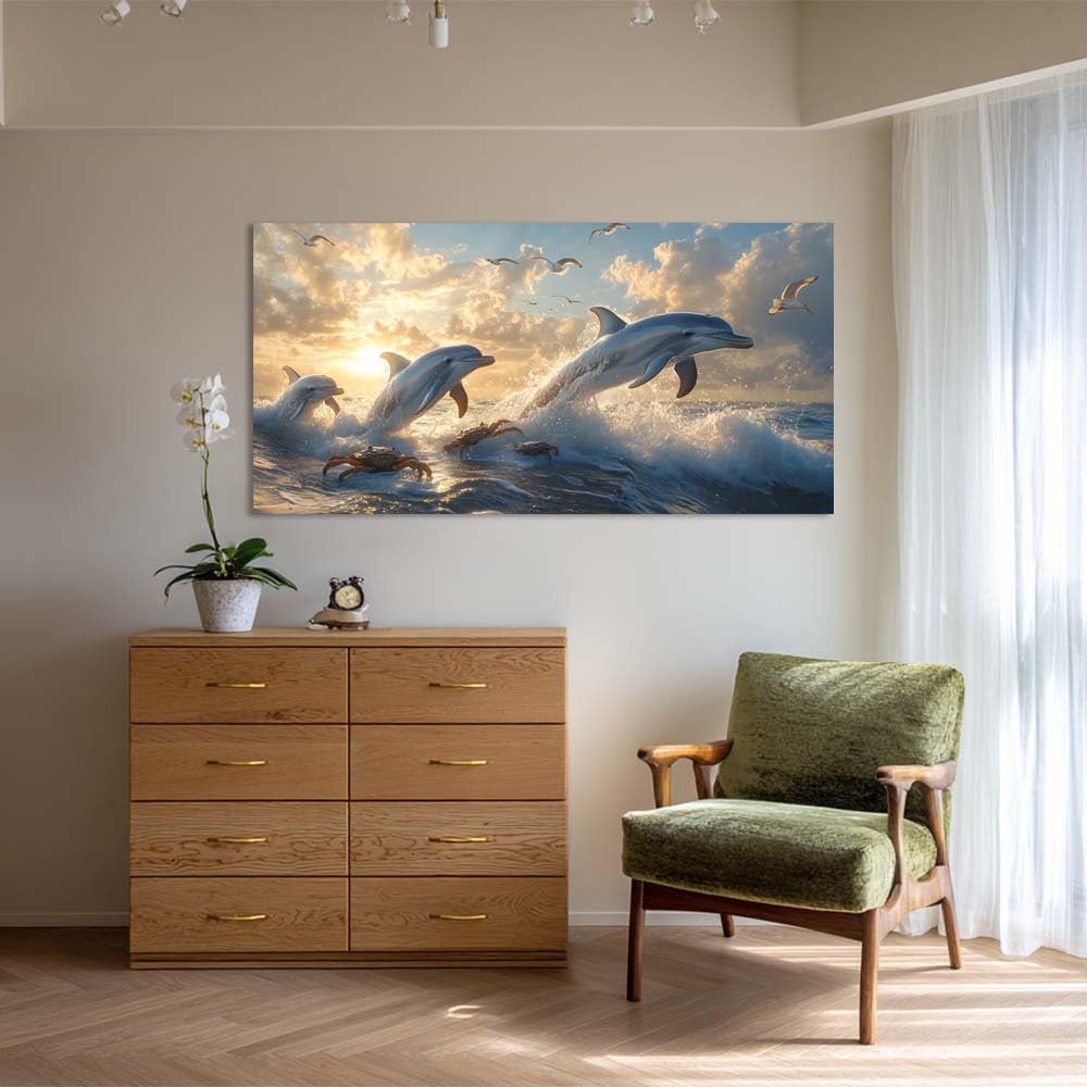 Blue Black and White Dolphin Leap Wall Art Modern Canvas Painting Prints (Coastal / White Dolphin Leap 106 / 46"L x 23"W)