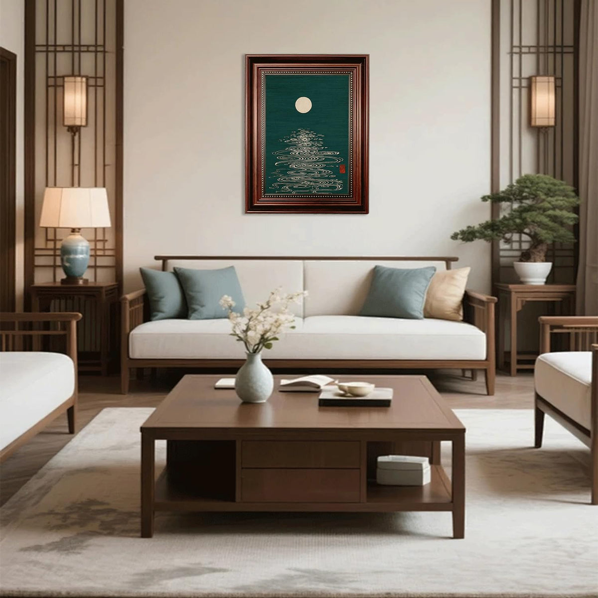 Dark Brown Framed Japanese Moon Canvas Wall Art 12x16 in (Japanese Moon / 16"L x 12"W)