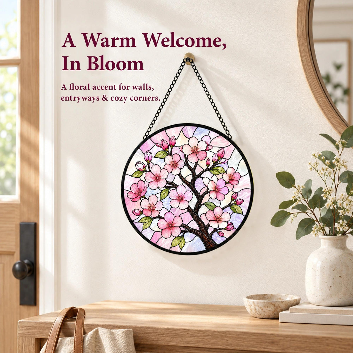 Cherry Blossoms Gifts for Women Stained Glass Window Hanging Suncatcher 9.8 (Cherry Blossoms / 9.8 x 9.8 IN)