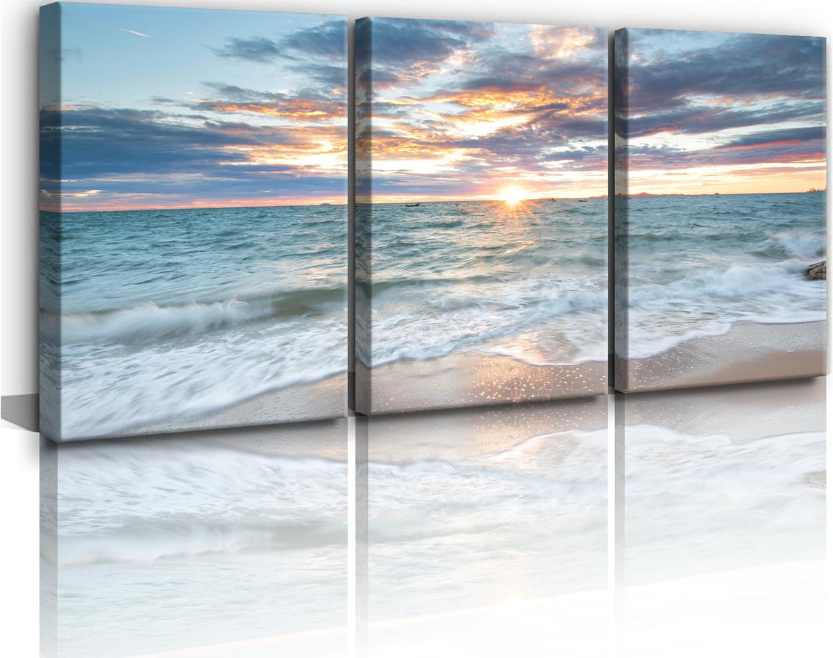 Living Room Wall Art Coastal Artwork Picture Beach Sunset Canvas Prints Painting 3 Panels Framed Ocean Room Decor for Bedroom Decor Bathroom Office Artwork Home Decorations (BAOceaY3 / 16"x24"inches x 3 pcs)