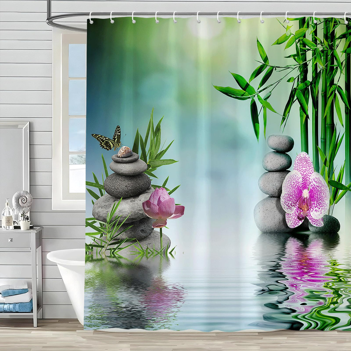 Zen Shower Curtain Green Leaf Floral Purple Flower Butterfly Lotus Black Stone Japanese Garden Relax Meditate Spring Nature Theme Rustic Polyester Curtains Bathroom Decor Set with Hooks 70Wx84H Inch (Green / 70"W x 84"L (Pack of 1))