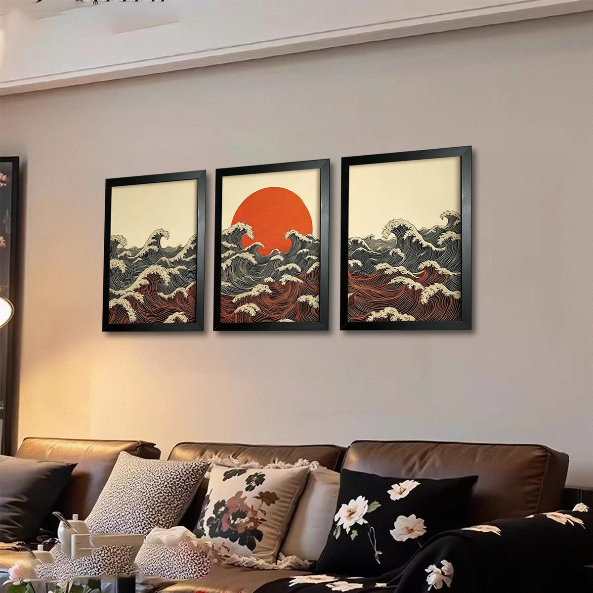 Framed 3D 3Pcs Japanese Canvas Wall Art (red sun / 16"L x 12"W)