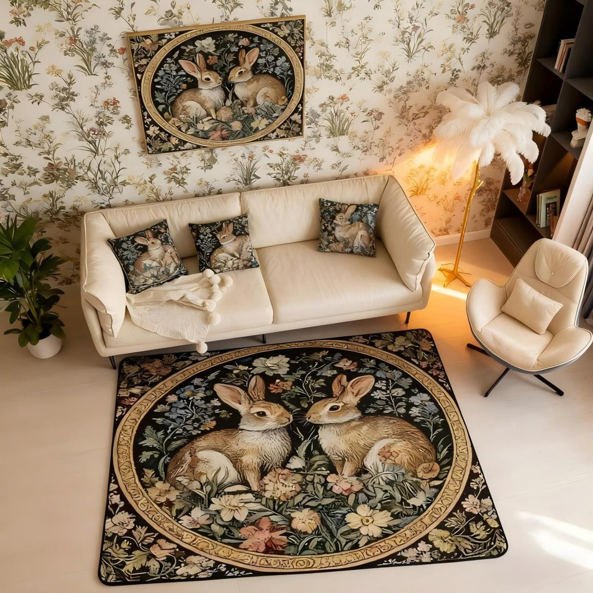 Rustic Rabbits Large Area Rug 5x7 Country Plant Leaves Floral Living Room Rug (Brown Green Black / 4'11" x 6'6" (Rectangular))