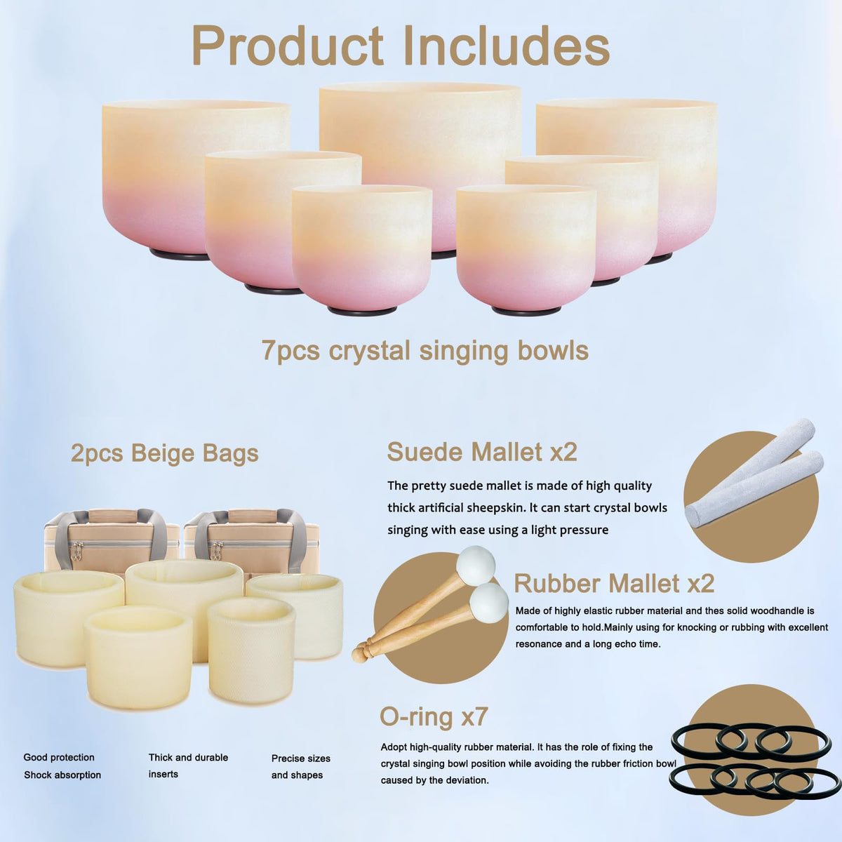 Sunset Crystal Singing Bowls Set 7 (7-12inch 432hz Sunset 7pcs)