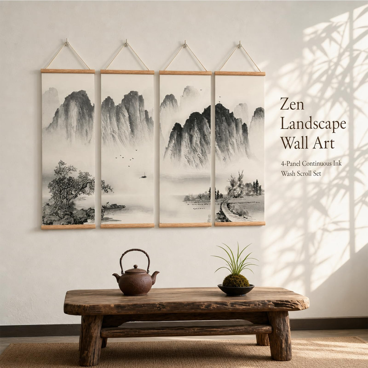 Chinese Ancient Landscape Scroll Wall Art (12”x36”x4piece / landscape-Oak)