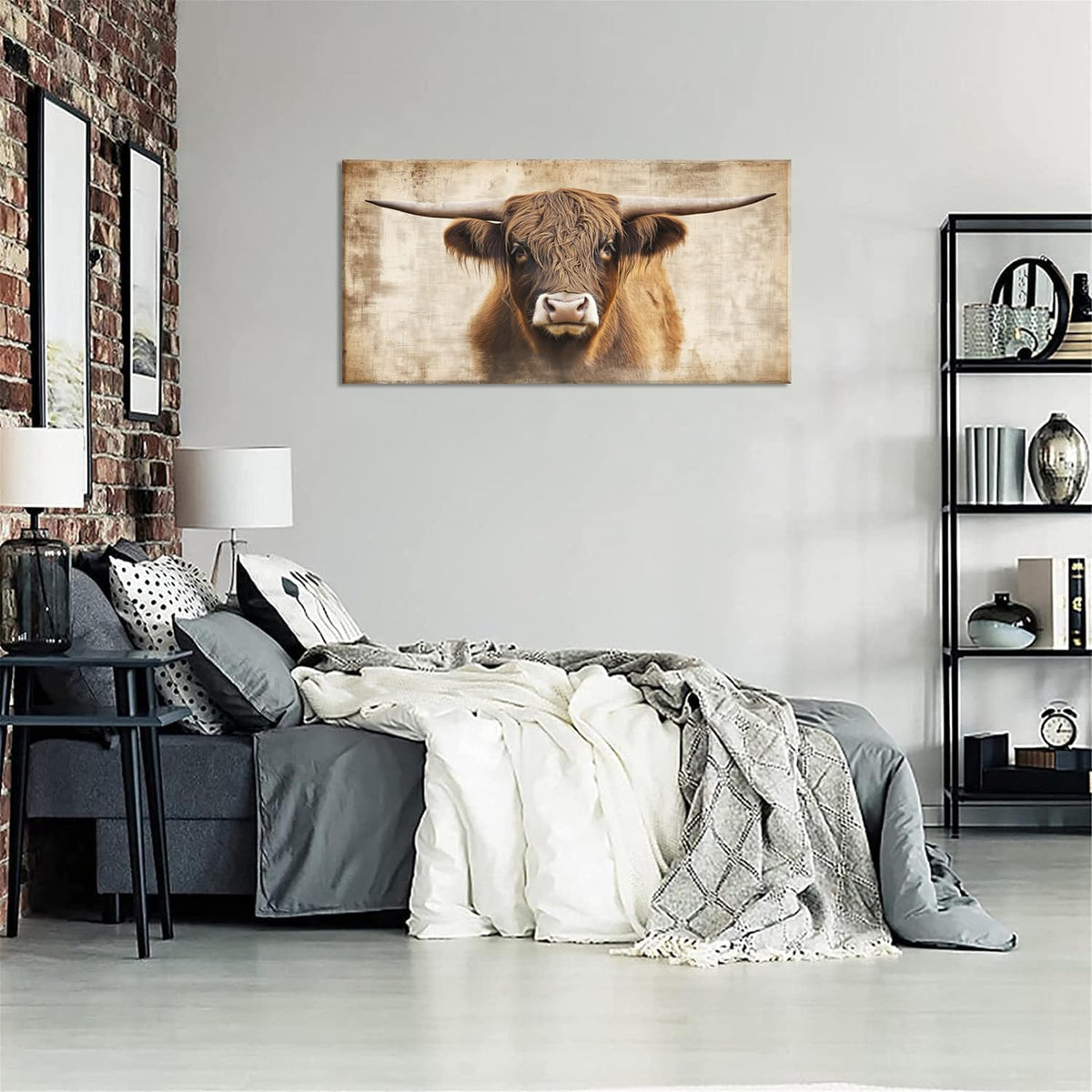 Beige Highland Cow Wall Art for Living Room Office Rustic Scottish Cattle Farmhouse Decor Painting Prints Distressed Canvas Artwork Dining Bedroom Decor Large (Farmhouse / Beige Rustic Cow Wall Art / 46"L x 23"W)