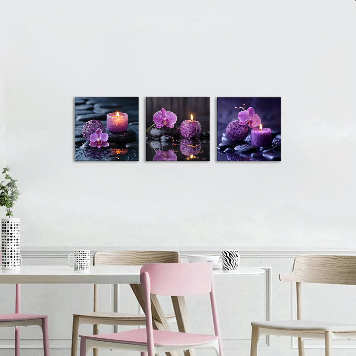 3PCS Zen Canvas Wall Art Purple Orchid Spa Decor Aromatherapy Candle Black Stone Prints Modern Meditation Room Decor Bathroom Yoga Studio Wall Pictures Relaxing Home Artwork Ready to Hang (12X12inchX3pcs / Serenity in Purple)
