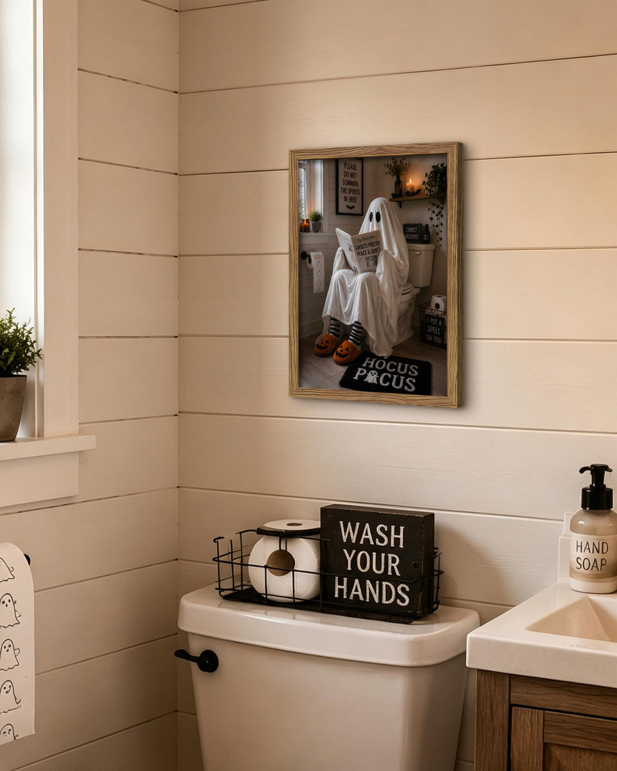 Framed Funny Halloween Bathroom Wall Art (A-White Ghost / 16"L x 12"W)