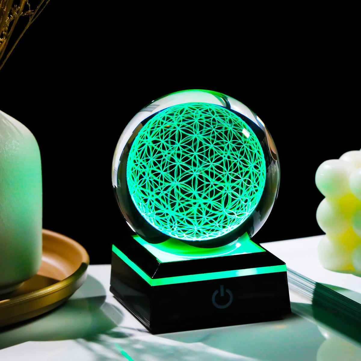 3D Flower of Life Crystal Ball with Colorful LED Base (Flower of Life)