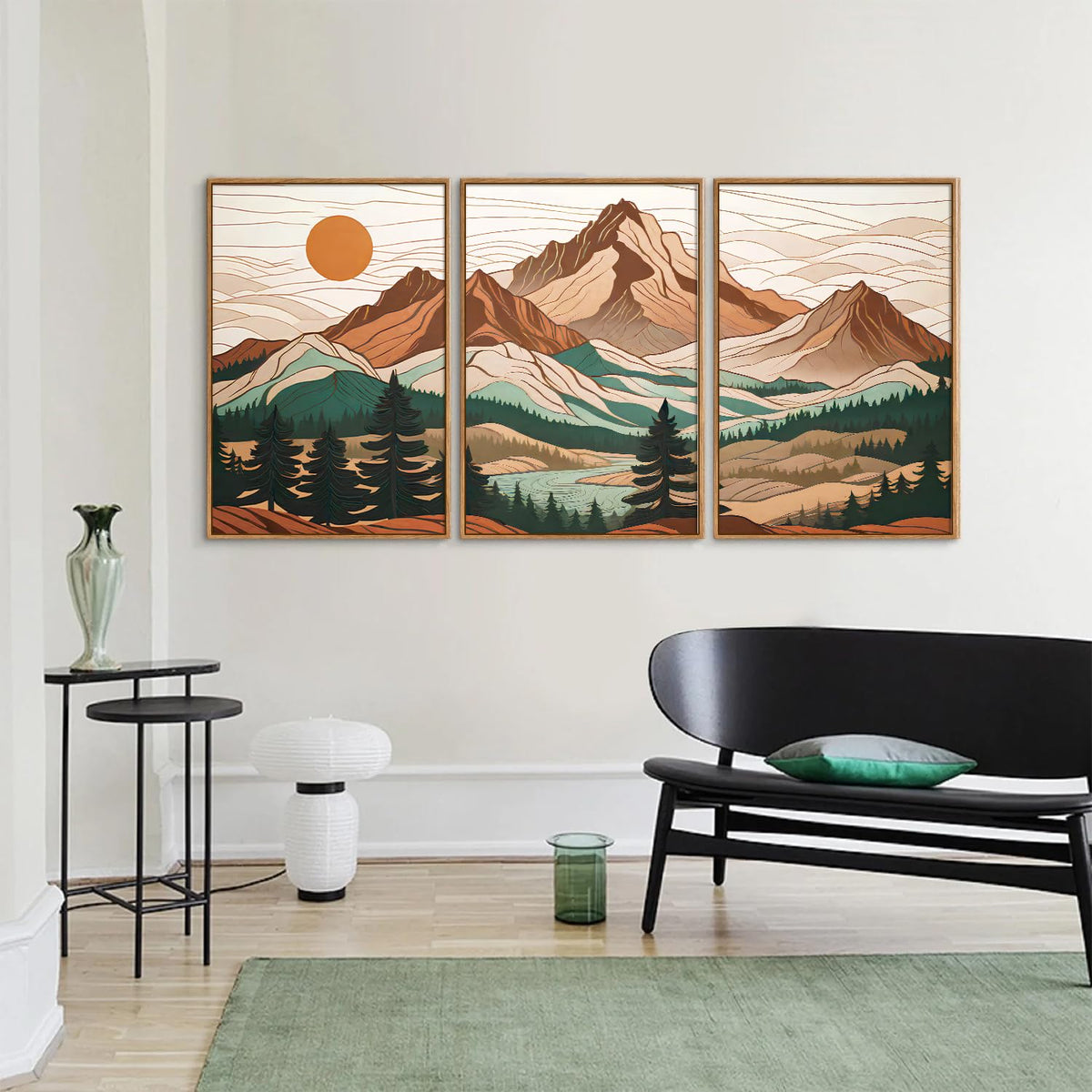 Mountain Framed Canvas Wall Art Set of 3 (Sunrise Forest Woodland Landscape / 24"L x 16"W)