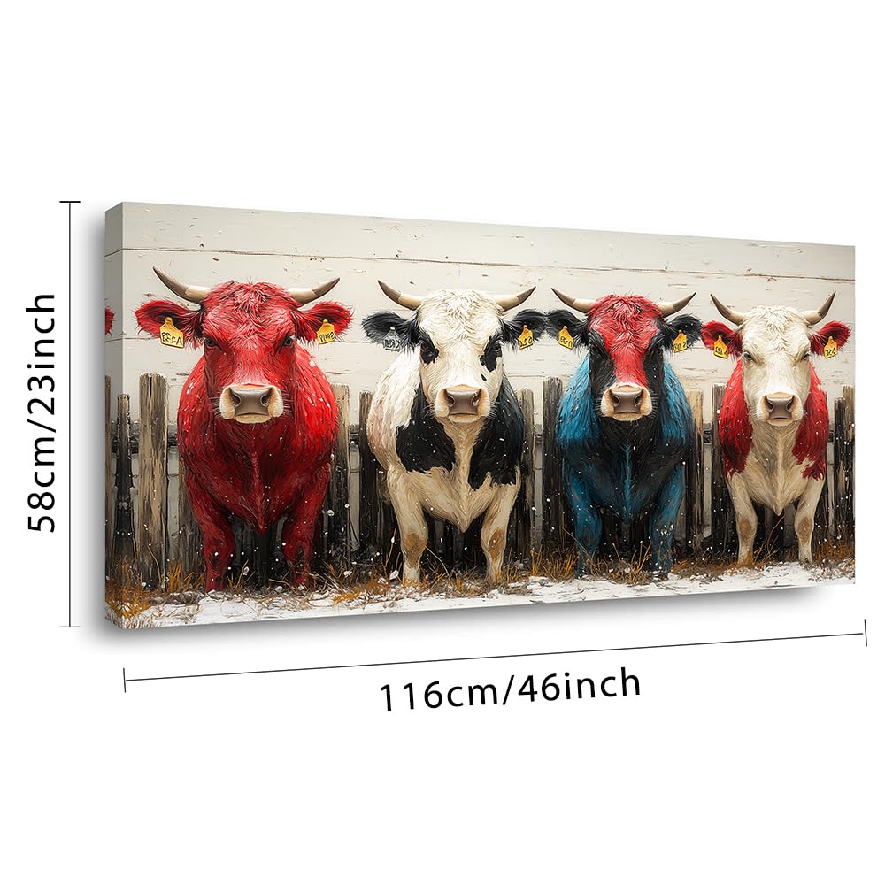 Colorful Cows Wall Art for Living Room Office Contemporary Farmhouse Rustic Charm Realistic Animal Painting Prints Country Canvas Artwork Dining Bedroom Decor Large (Rustic / Colorful Cows Wall Art / 46"L x 23"W)