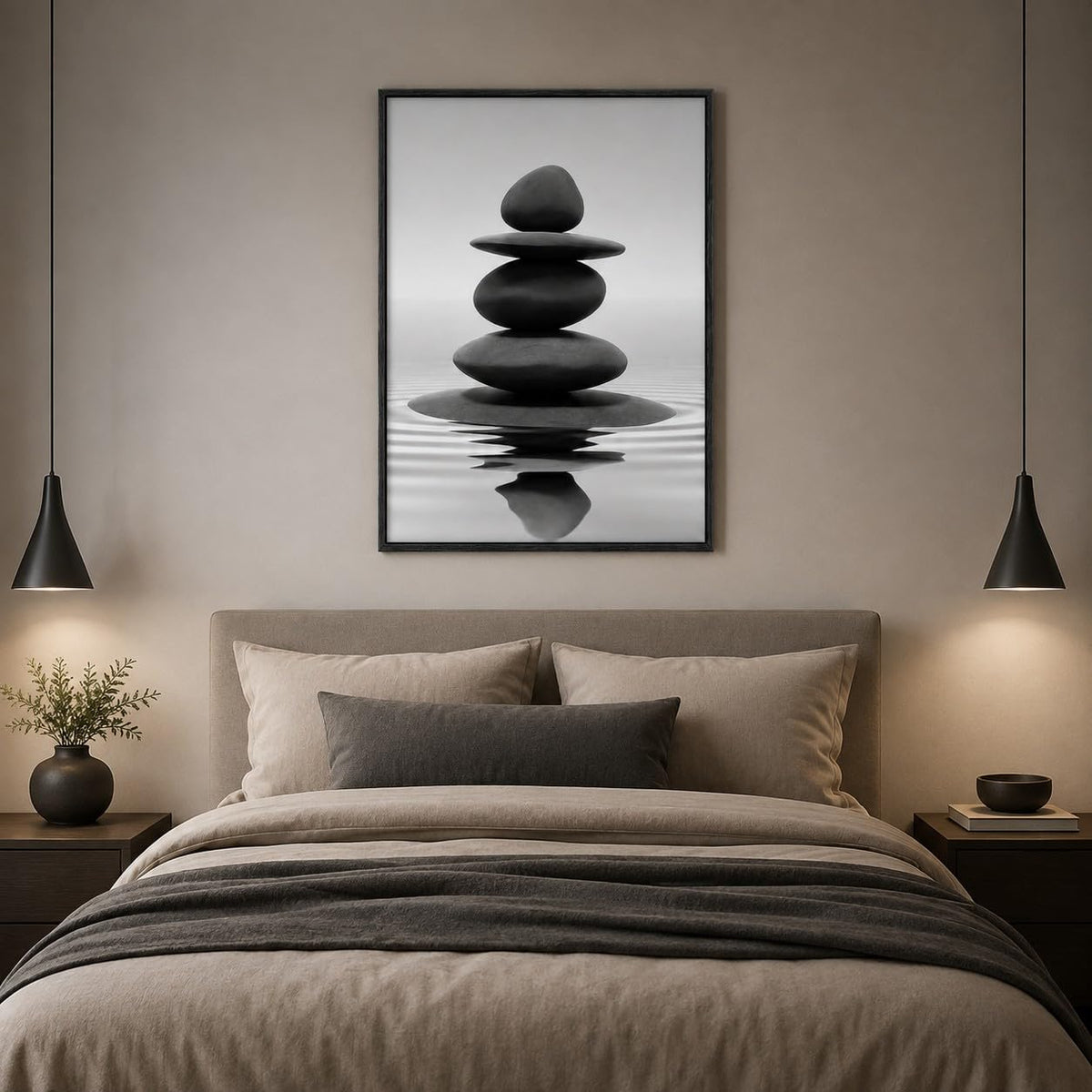 Framed Black and White Bathroom Wall Art Zen Stones in the water Bathroom Wall Art Yoga Meditation Picture Wall Decor Spa Room Bedroom Living Room Wall Painting Print (Framed Zen Stone / 36L" x 24W")